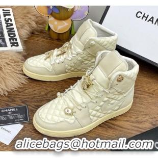 Perfect Chanel x Nike Air Jordan Calfskin High-Top Sneakers with Pearl and Silk Laces 012563 Apricot 2021