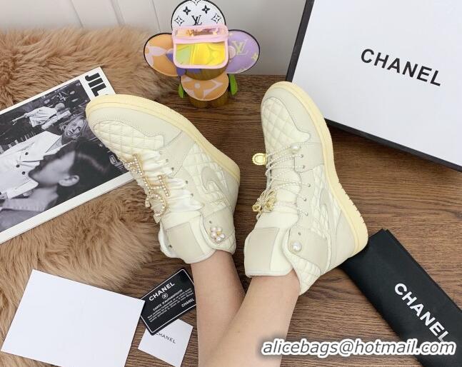 Perfect Chanel x Nike Air Jordan Calfskin High-Top Sneakers with Pearl and Silk Laces 012563 Apricot 2021