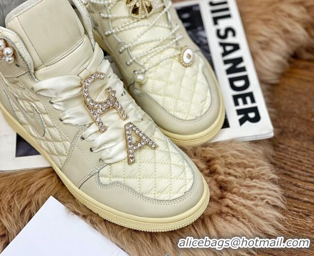 Perfect Chanel x Nike Air Jordan Calfskin High-Top Sneakers with Pearl and Silk Laces 012563 Apricot 2021