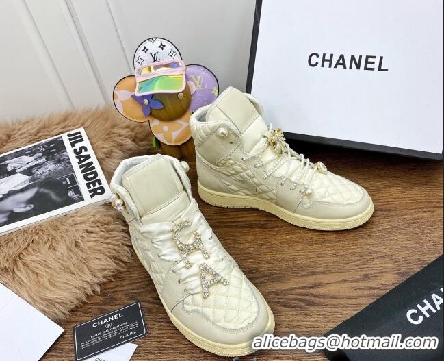 Perfect Chanel x Nike Air Jordan Calfskin High-Top Sneakers with Pearl and Silk Laces 012563 Apricot 2021