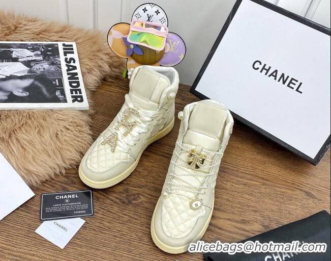 Perfect Chanel x Nike Air Jordan Calfskin High-Top Sneakers with Pearl and Silk Laces 012563 Apricot 2021