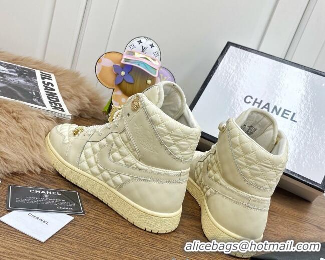 Perfect Chanel x Nike Air Jordan Calfskin High-Top Sneakers with Pearl and Silk Laces 012563 Apricot 2021