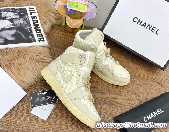 Perfect Chanel x Nike Air Jordan Calfskin High-Top Sneakers with Pearl and Silk Laces 012563 Apricot 2021