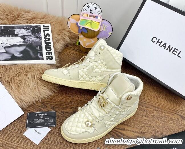 Perfect Chanel x Nike Air Jordan Calfskin High-Top Sneakers with Pearl and Silk Laces 012563 Apricot 2021