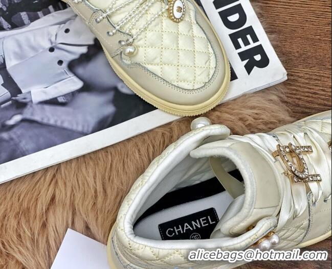 Perfect Chanel x Nike Air Jordan Calfskin High-Top Sneakers with Pearl and Silk Laces 012563 Apricot 2021