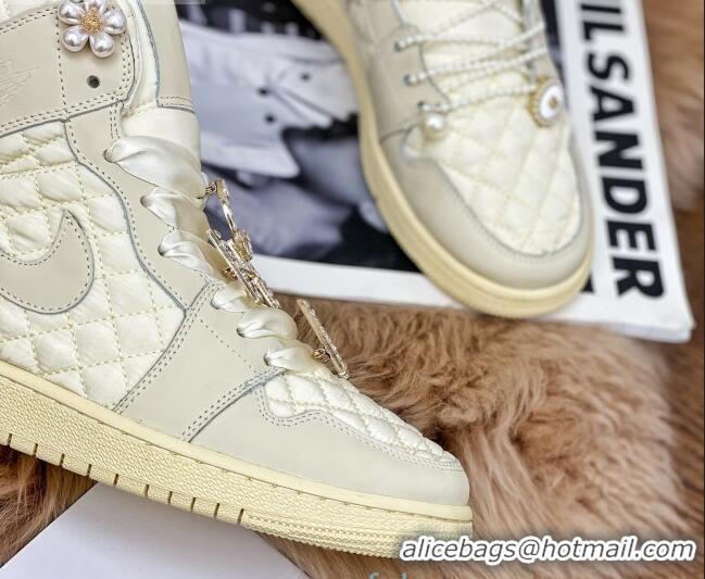 Perfect Chanel x Nike Air Jordan Calfskin High-Top Sneakers with Pearl and Silk Laces 012563 Apricot 2021