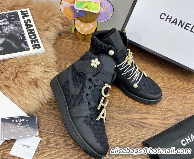 Grade Design Chanel x Nike Air Jordan Calfskin High-Top Sneakers with Pearl and Silk Laces 012563 Black 2021