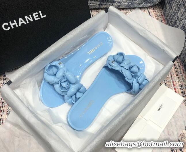 Best Quality Chanel TPU Camellia Slipper Sandals 012611 Blue