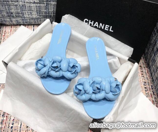 Best Quality Chanel TPU Camellia Slipper Sandals 012611 Blue