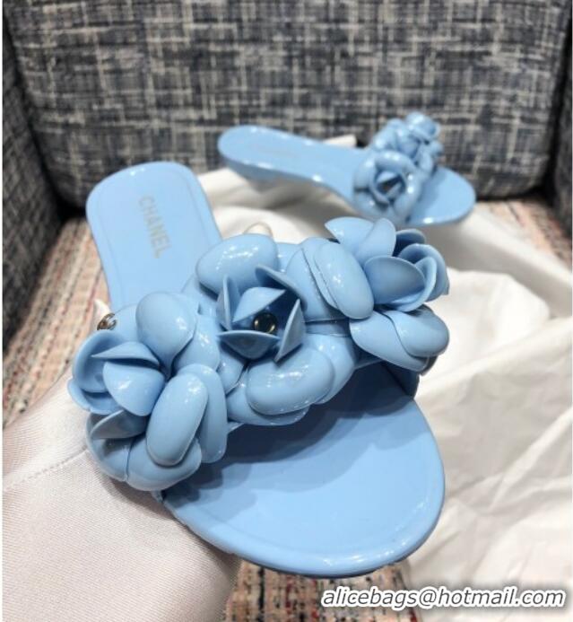 Best Quality Chanel TPU Camellia Slipper Sandals 012611 Blue