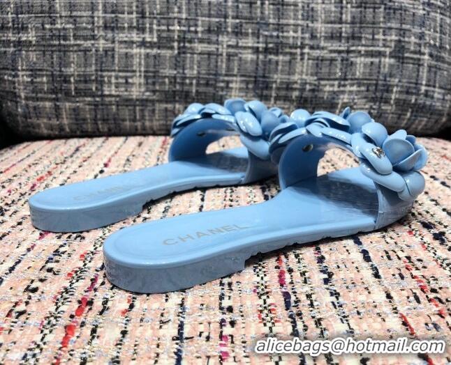 Best Quality Chanel TPU Camellia Slipper Sandals 012611 Blue