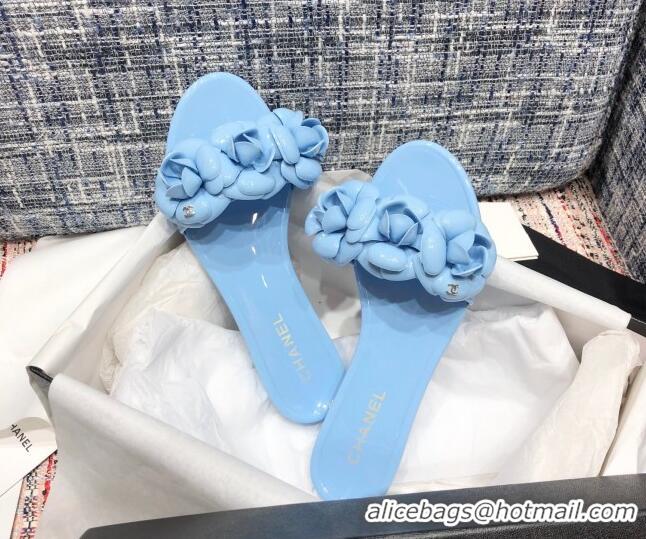 Best Quality Chanel TPU Camellia Slipper Sandals 012611 Blue