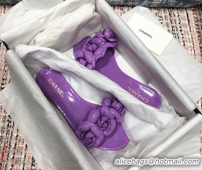 Good Quality Chanel TPU Camellia Slipper Sandals 012611 Purple