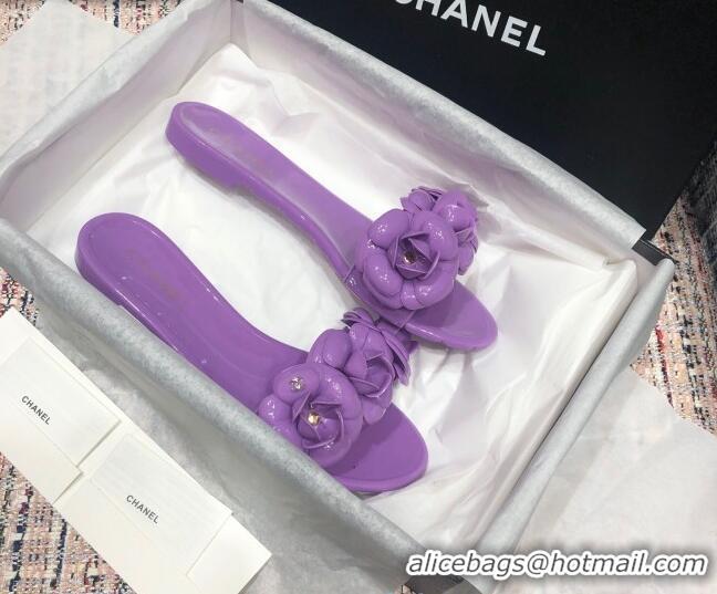 Good Quality Chanel TPU Camellia Slipper Sandals 012611 Purple