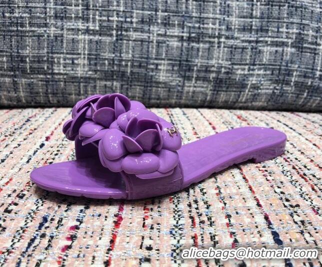 Good Quality Chanel TPU Camellia Slipper Sandals 012611 Purple