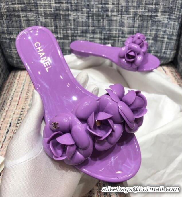 Good Quality Chanel TPU Camellia Slipper Sandals 012611 Purple