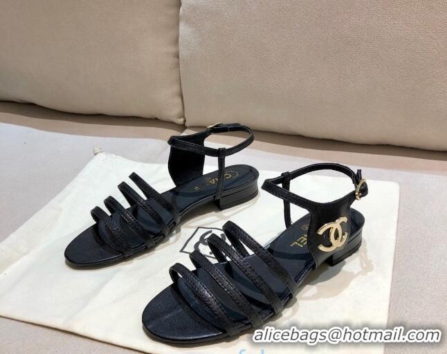 Duplicate Chanel Lambskin Strap Sandals G36958 Black 2021