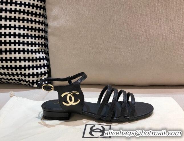 Duplicate Chanel Lambskin Strap Sandals G36958 Black 2021