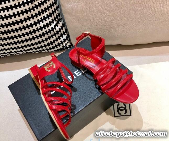 Top Quality Chanel Lambskin Strap Sandals G36958 Red 2021