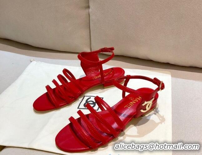 Top Quality Chanel Lambskin Strap Sandals G36958 Red 2021