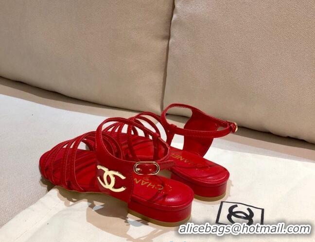 Top Quality Chanel Lambskin Strap Sandals G36958 Red 2021