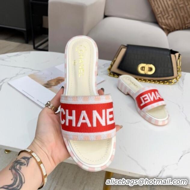 Classic Practical Chanel Canvas Striped Slide Sandals G34826 Red 2021