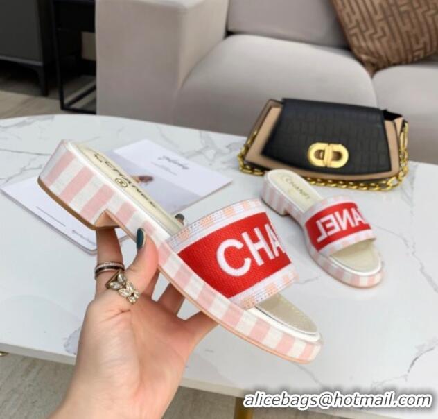 Classic Practical Chanel Canvas Striped Slide Sandals G34826 Red 2021