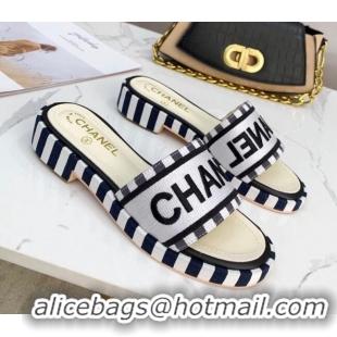 Perfect Chanel Canvas Striped Slide Sandals G34826 Silver 2021