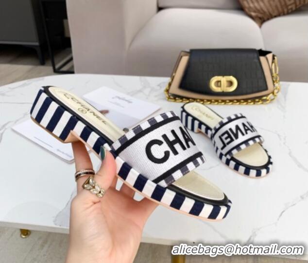 Perfect Chanel Canvas Striped Slide Sandals G34826 Silver 2021