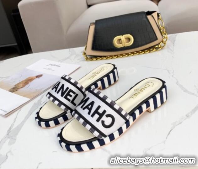 Perfect Chanel Canvas Striped Slide Sandals G34826 Silver 2021