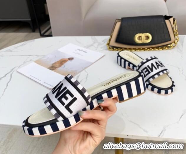 Perfect Chanel Canvas Striped Slide Sandals G34826 Silver 2021