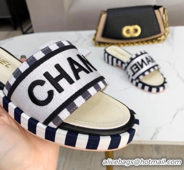 Perfect Chanel Canvas Striped Slide Sandals G34826 Silver 2021