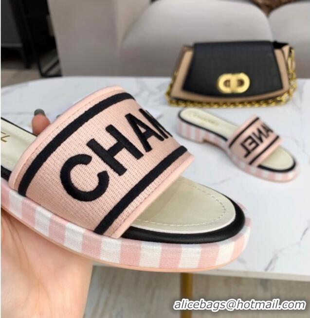 Low Price Chanel Canvas Striped Slide Sandals G34826  Light Pink 2021