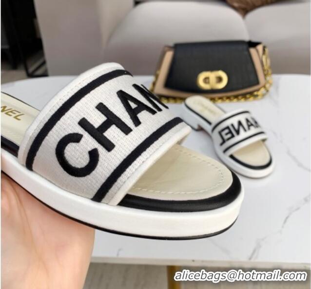 Duplicate Chanel Canvas Striped Slide Sandals G34826 Silver/Black 2021