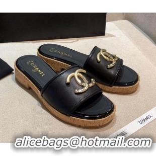 Good Quality Chanel Metal CC Leather Slide Sandals G34826 Black 2021