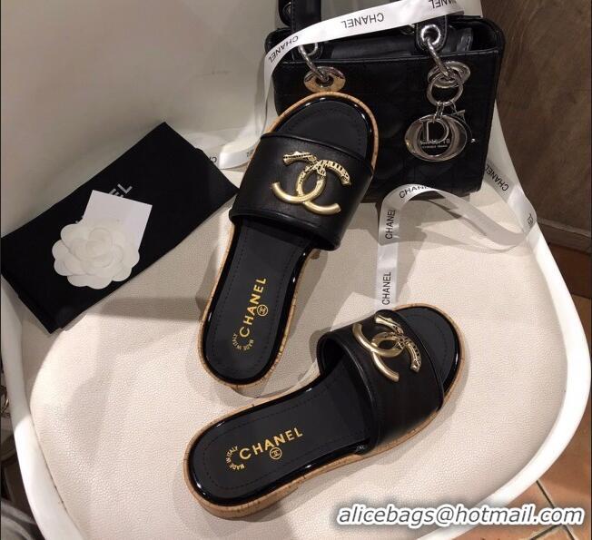 Good Quality Chanel Metal CC Leather Slide Sandals G34826 Black 2021