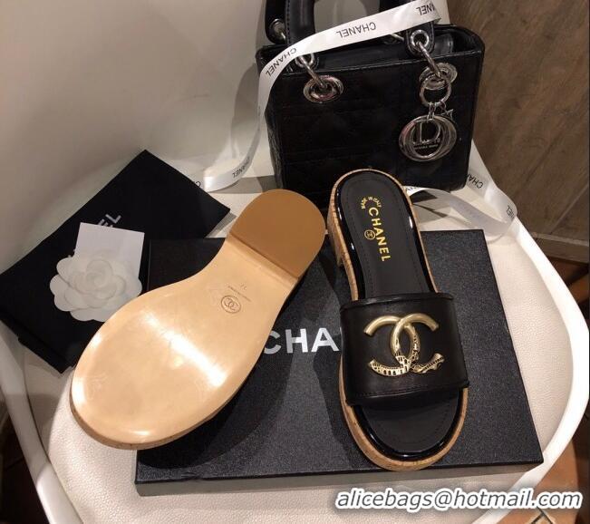 Good Quality Chanel Metal CC Leather Slide Sandals G34826 Black 2021