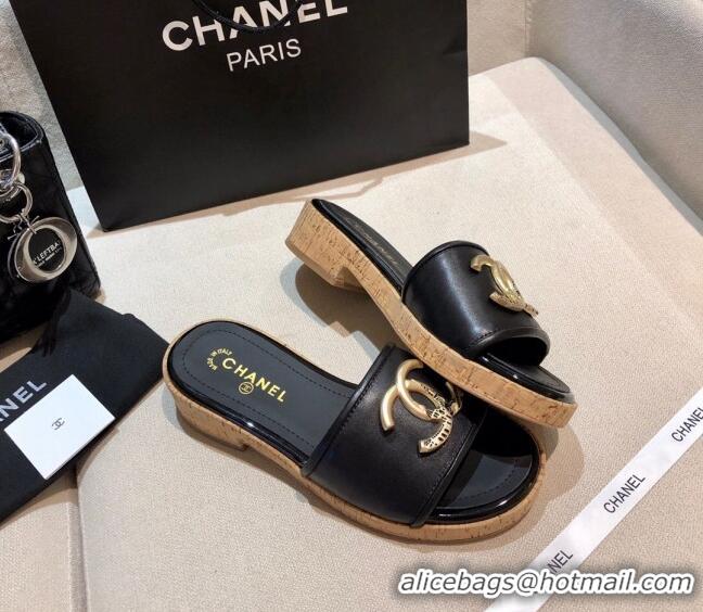 Good Quality Chanel Metal CC Leather Slide Sandals G34826 Black 2021