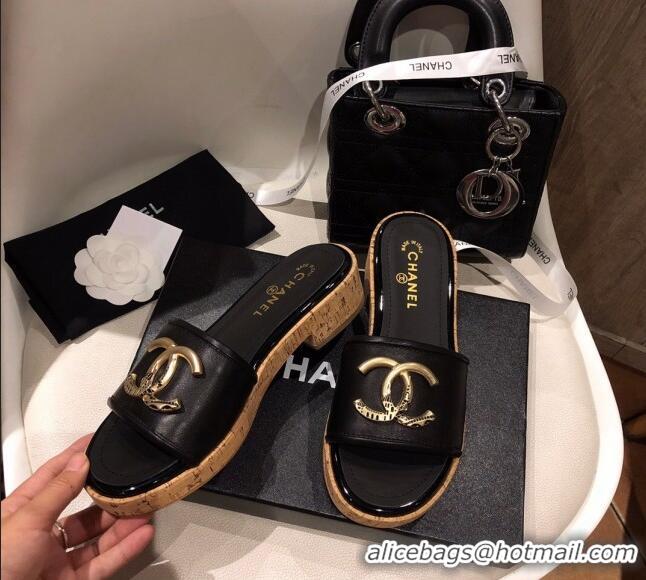 Good Quality Chanel Metal CC Leather Slide Sandals G34826 Black 2021