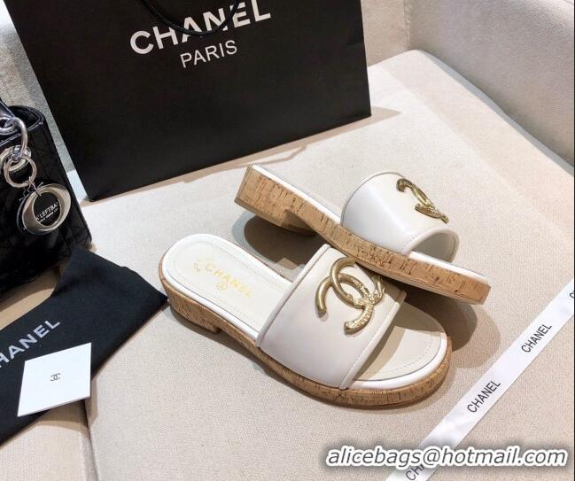 Top Grade Chanel Metal CC Leather Slide Sandals G34826 White 2021