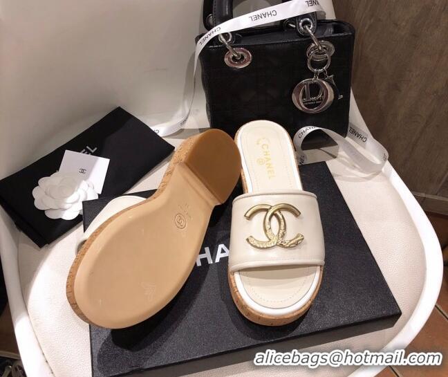 Top Grade Chanel Metal CC Leather Slide Sandals G34826 White 2021