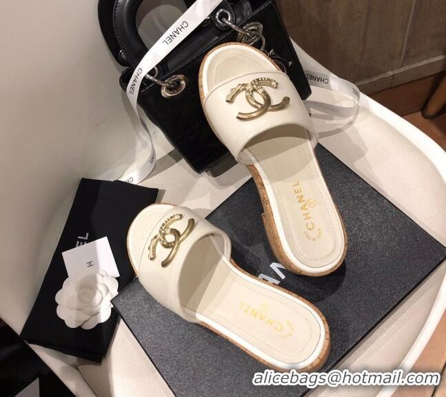 Top Grade Chanel Metal CC Leather Slide Sandals G34826 White 2021