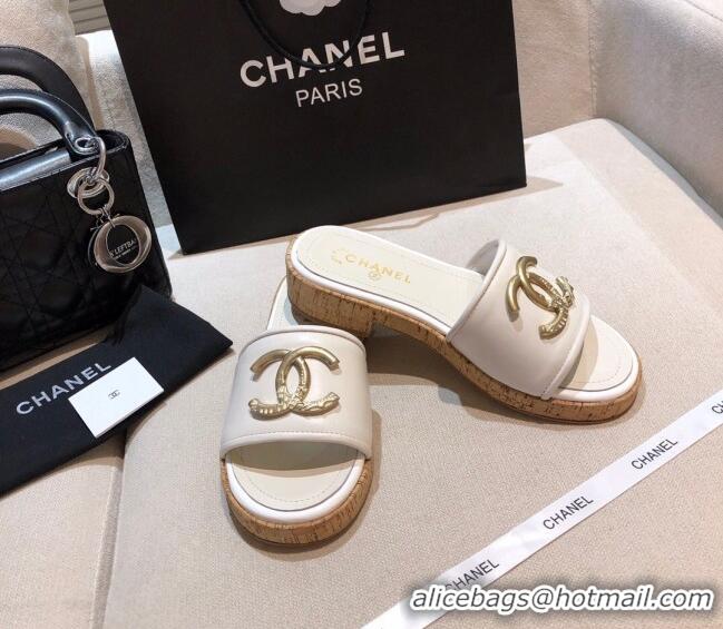 Top Grade Chanel Metal CC Leather Slide Sandals G34826 White 2021