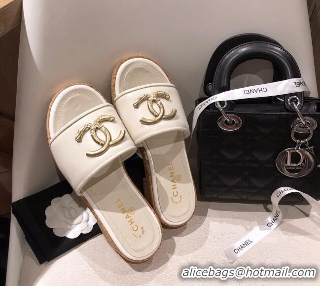 Top Grade Chanel Metal CC Leather Slide Sandals G34826 White 2021