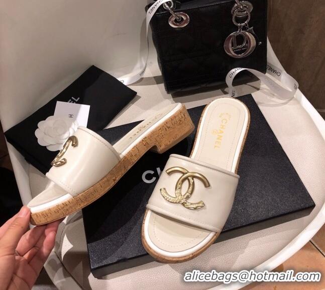 Top Grade Chanel Metal CC Leather Slide Sandals G34826 White 2021