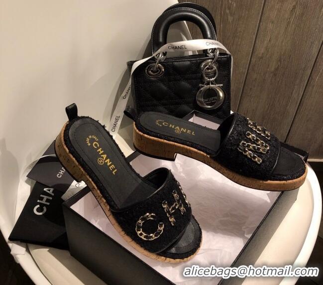 Luxury Cheap Chanel Chain CC Canvas Slide Sandals G34826 Black 2021