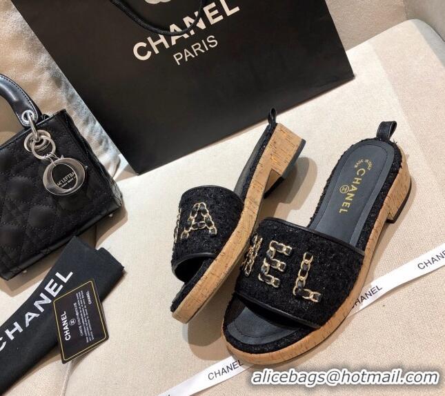 Luxury Cheap Chanel Chain CC Canvas Slide Sandals G34826 Black 2021