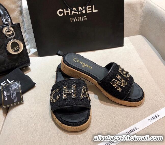 Luxury Cheap Chanel Chain CC Canvas Slide Sandals G34826 Black 2021