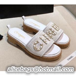 Luxury Chanel Chain CC Canvas Slide Sandals G34826 White 2021