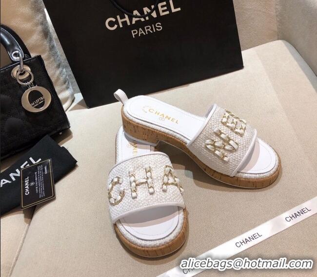 Luxury Chanel Chain CC Canvas Slide Sandals G34826 White 2021